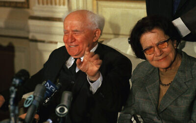 Former prime minister David Ben Gurion, left, speaks as his wife, Paula, right, looks on during a press conference at the Plaza Hotel in New York on March 3, 1967. (AP/John Duricka)
