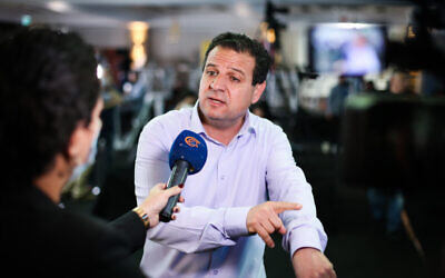 Joint List party chairman Ayman Odeh seen at the party headquarters in the city of Shfaram, on election night, March 23, 2021. (David Cohen/Flash90)