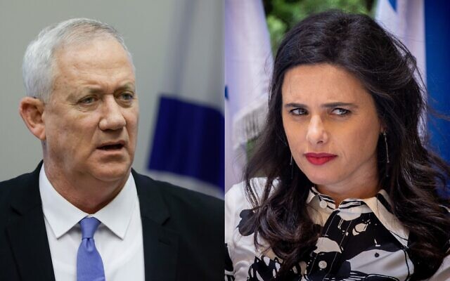 Left: Defense Minister Benny Gantz leads a faction meeting in the Israeli parliament on June 21, 2021. Right: Interior Minister, Ayelet Shaked at a ceremony in Jerusalem on June 14, 2021. (Olivier Fitoussi/Yonatan Sindel/Flash90; collage by Times of Israel)