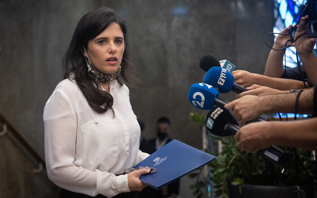 Interior Minister Ayelet Shaked arrives at a cabinet meeting at the Prime Minister's Office in Jerusalem on July 4, 2021. (Yonatan Sindel/Flash90)