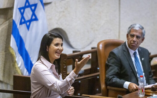 Shirly Pinto, the first deaf Knesset member, speaks during a plenum session in the Knesset on July 12, 2021. (Olivier Fitoussi/ Flash90)