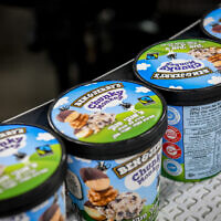 Ice cream containers at the Ben and Jerry's factory near Kiryat Malachi, on July 21, 2021. (Flash90)