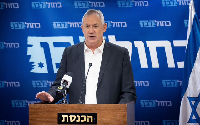 Defense Minister Benny Gantz leads a Blue and White faction meeting at the Knesset on July 26, 2021. (Yonatan Sindel/Flash90)