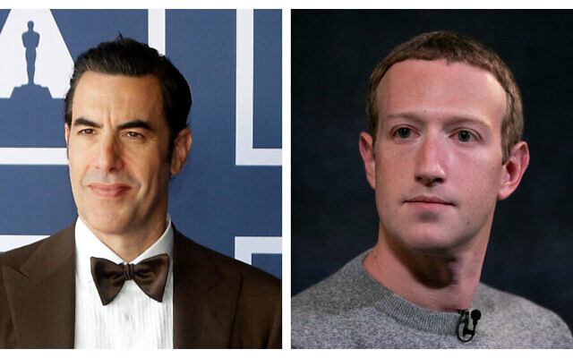 This combination of file photos shows actor-comedian Sacha Baron Cohen (left) at a screening of the Oscars on April 26, 2021 in Sydney, Australia, and Facebook CEO Mark Zuckerberg (right) in New York, on October 25, 2019. (AP/Rick Rycroft, Pool, Mark Lennihan)