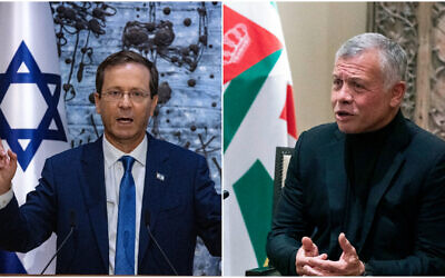 Israeli president Isaac Herzog (L) and Jordan's King Abdullah II (R). (Olivier Fitoussi/FLASH90, Alex Brandon/AP)
