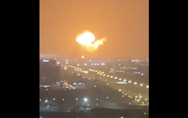 A fireball is seen after an explosion at the Jebel Ali port in Dubai, United Arab Emirates, July 7, 2021. (Screen capture: Twitter)
