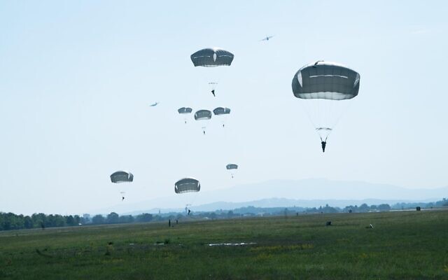 Israeli paratroopers recreate the partisans historic jump during World War II in honor of Hannah Senesh, in Slovenia, on July 20, 2021. (Israel Defense Forces)