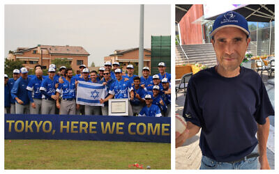 Left, Team Israel celebrates their upcoming trip to the Tokyo Olympics (Courtesy of Israel Baseball/ Margo Lipschitz Sugarman/ via JTA); at right, Kazumasa Kibe, or 'Kaz,' as he is known, has been an essential force in getting Israel's team to where it is today. (Hillel Kuttler)