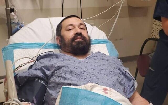 Rabbi Shlomo Noginski in a Boston hospital recovering from a stabbing attack on July 1, 2021. (Rabbi Dan Rodkin)