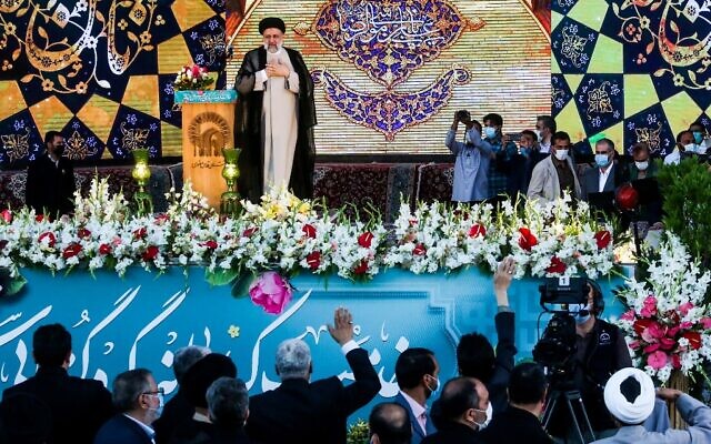 In this file photo taken on June 22, 2021 Iran's President-elect Ebrahim Raisi delivers speech at the Imam Reza shrine in the city of Mashhad in northeastern Iran. (Mohsen Esmaeilzadeh / ISNA NEWS AGENCY / AFP)