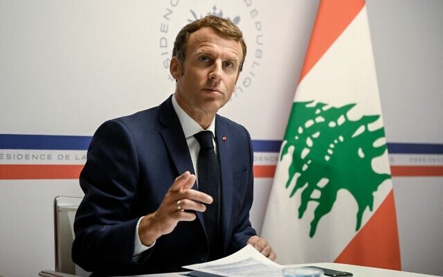 France's President Emmanuel Macron at the Lebanon donors' conference gathering online representatives of international institutions and heads of state, one year after the Beirut port blast, at the Fort de Bregancon, in Bormes-Les-Mimosas, southern France, on August 4, 2021. (Christophe Simon/Pool/AFP)