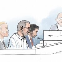 Courtroom sketch shows Iranian defendant Hamid Noury (2nd from left) sitting in the District Court of Stockholm with his defense attorney Daniel Marcus (3rd from left) on the opening of his trial for war crimes and murder, on August 10, 2021. (Anders Humlebo/AFP)