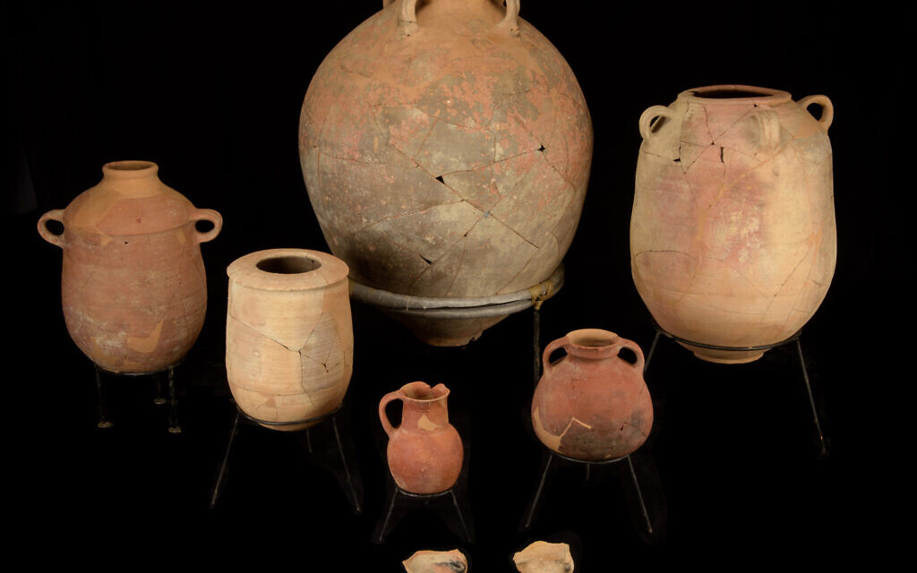 Vessels discovered in Jerusalem's City of David within a layer of destruction from the 8th century BCE, which coincided with a massive earthquake mentioned in the Bible. They are photographed after their restoration by Joseph Bocangolz. (Dafna Gazit/ Israel Antiquities Authority)