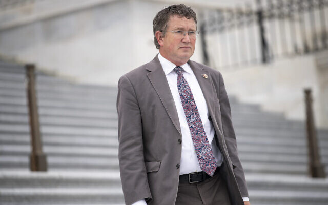 Republican congressman Thomas Massie walks down the House steps after a vote at the Capitol, September 17, 2020. (Caroline Brehman/CQ-Roll Call, Inc via Getty Images/JTA)