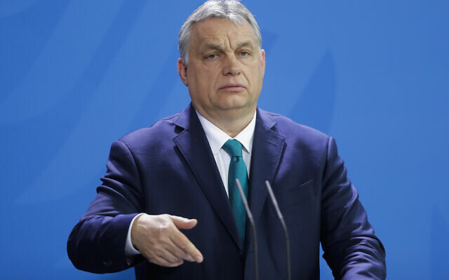 Hungary's Prime Minister Victor Orban briefs the media in Berlin, Germany, on February 10, 2020. (AP/Markus Schreiber)