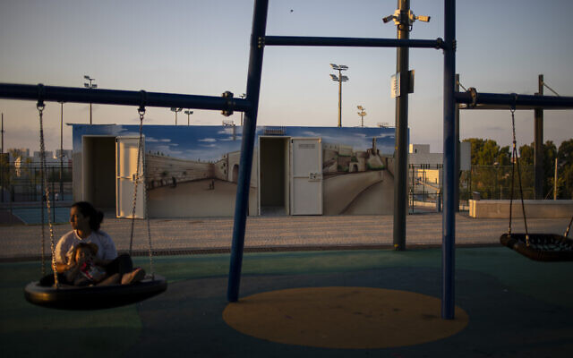 The doors of bomb shelters are open in a public park in Sderot on July 28, 2021. (AP Photo/Ariel Schalit)