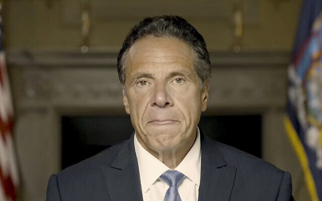 In this image taken video provided by Office of the NY Governor, New York Gov. Andrew Cuomo makes a statement on a pre-recorded video, released Tuesday, Aug. 3, 2021, in New York. (Office of the NY Governor via AP)