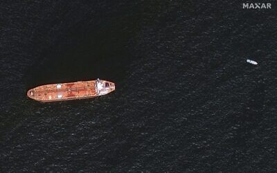 In this image provided by Maxar Technologies, the oil tanker Mercer Street is seen off the coast of Fujairah, United Arab Emirates, on August 4, 2021. (Satellite image ©2021 Maxar Technologies via AP)