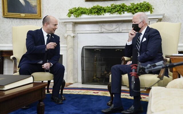 Israeli Prime Minister Naftali Bennett speaks as he meets with US President Joe Biden in the Oval Office of the White House, Friday, Aug. 27, 2021, in Washington. (AP Photo/Evan Vucci)
