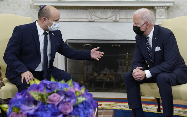 US President Joe Biden (right) meets with Prime Minister Naftali Bennett in the Oval Office of the White House, on Friday, August 27, 2021, in Washington, DC. (AP Photo/Evan Vucci)
