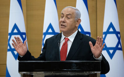 Opposition Leader Benjamin Netanyahu speaks during a Likud faction meeting at the Knesset on July 26, 2021. (Yonatan Sindel/Flash90)