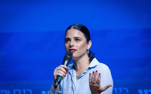 Interior Minister Ayelet Shaked during a conference of the Besheva group in Jerusalem, August 1, 2021. (Yonatan Sindel/Flash90)