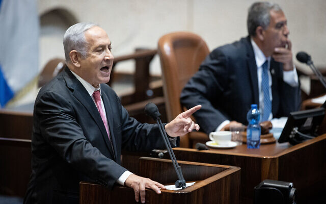 Opposition leader Benjamin Netanyahu addresses the Knesset during a plenum session on August 2, 2021. (Yonatan Sindel/Flash90)