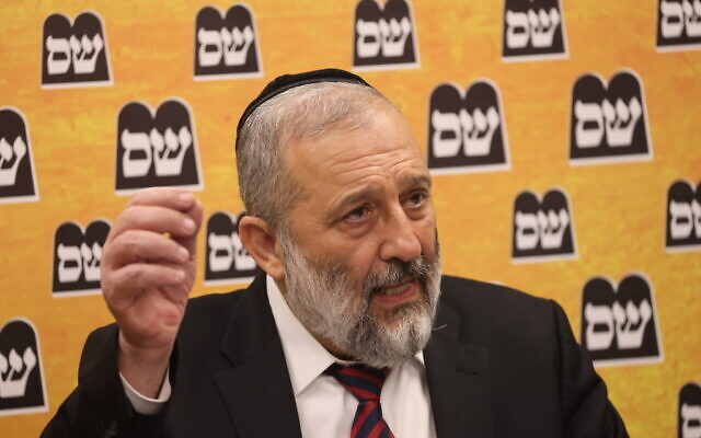 Shas party chair Aryeh Deri leads a faction meeting at the Knesset on August 2, 2021. (Yonatan Sindel/Flash90)