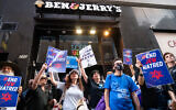 Pro-Israel demonstrators protest in New York City against Ben & Jerry's, over its settlement boycott on August 12, 2021. (Luke Tress/Flash90)