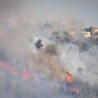 A wildfire nearing Givat Yearim outside Jerusalem, August 16, 2021. (Yonatan Sindel/Flash90)