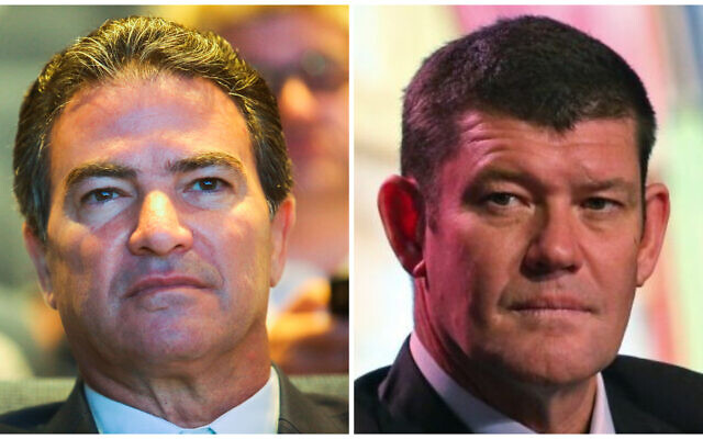 (L) Head of the Mossad Yossi Cohen speaks at a Cyber conference at  Tel Aviv University, on June 24, 2019; (R) James Packer at a news conference of the Studio City project in Macau, on October 27, 2015. (Flash90; AP Photo/Kin Cheung)