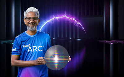 Raja Koduri, Intel senior vice president and general manager of the Accelerated Computing Systems and Graphics Group, displays a wafer with Intel Arc high-performance discrete graphics hardware as part of a presentation during Intel Architecture Day 2021. The virtual event was held in August 2021. (Intel Corporation)