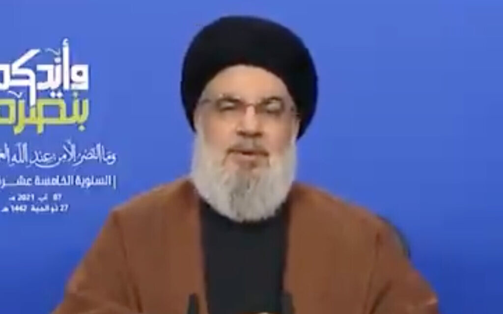 Hezbollah chief Hassan Nasrallah gives a speech, on August 7, 2021. (Screen capture: Twitter)