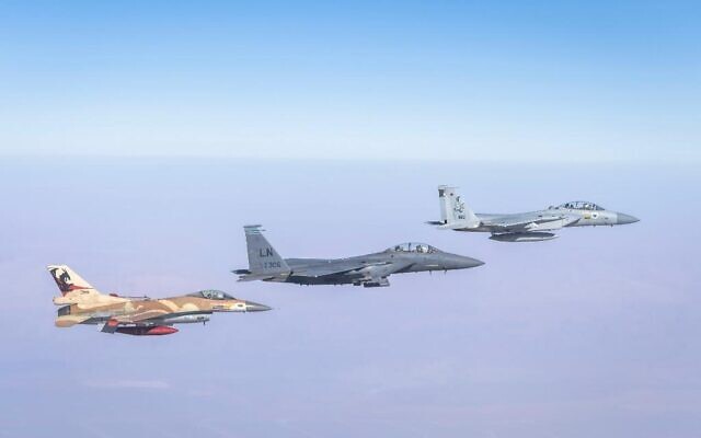 IAF and AFCENT F-15 and F-16 jets are seen over southern Israel during the 'Desert Eagle' drill, August 10, 2021. (Israel Defense Forces)