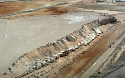 View of a pool of toxic sludge near the Zin phosphate mining plant in the Negev Desert, August 11, 2021. (Screenshot/Kan public broadcaster)