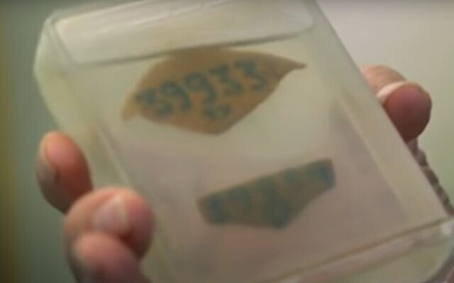 Kitty Hart-Moxon shows her and her mother's Auschwitz tattoos, for BBC documentary 'The Holocaust : A Story of Remembrance' (Screen grab)