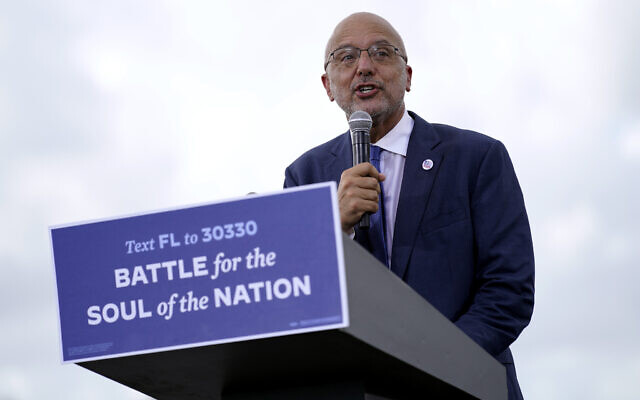 Representative Ted Deutch speaks during a drive-in rally for Democratic presidential candidate Joe Biden at Broward College, on Thursday, on October 29, 2020, in Coconut Creek, Florida. (AP Photo/Andrew Harnik)