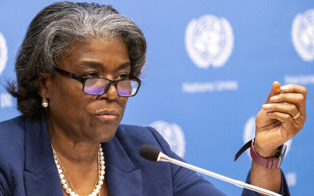 US Ambassador to the United Nations Linda Thomas-Greenfield during a news conference at United Nations headquarters, on March 1, 2021. (Mary Altaffer/AP)