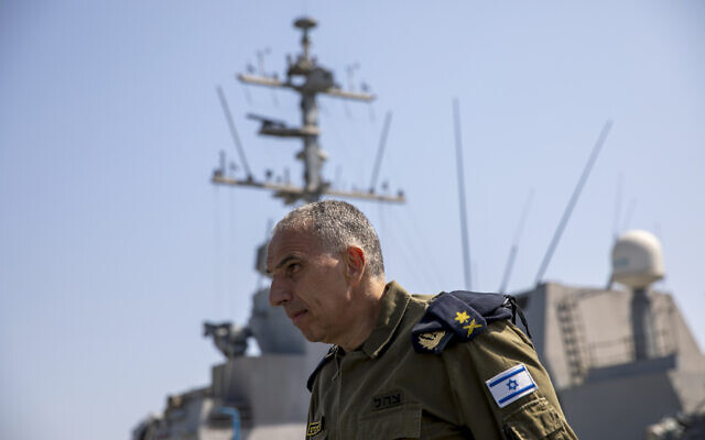 Vice Adm. Eli Sharvit arrives on board the Israeli Navy Ship Atzmaut in the Mediterranean Sea, September 1, 2021. (AP Photo/Ariel Schalit)