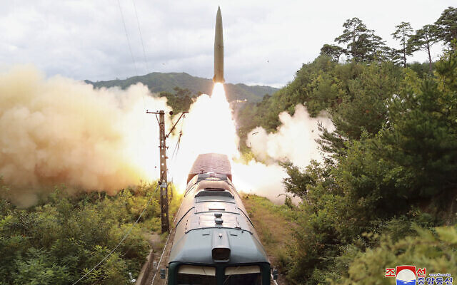 This photo provided by the North Korean government, on September 16, 2021, shows a missile test firing launched from a train on September 15, 2021 in an undisclosed location of North Korea (Korean Central News Agency/Korea News Service via AP)