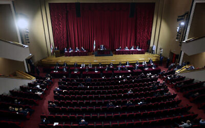 Parliament meets to confirm Lebanon's new government at a Beirut theater known as the UNESCO palace so that parliament members could observe social distancing measures imposed over the coronavirus pandemic, September 20, 2021. (AP/Bilal Hussein)