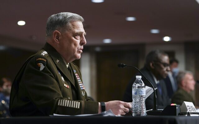 Chairman of the Joint Chiefs of Staff Gen. Mark Milley speaks during a Senate Armed Services Committee hearing on the conclusion of military operations in Afghanistan and plans for future counterterrorism operations, on Tuesday, September 28, 2021, on Capitol Hill in Washington, DC. (Sarahbeth Maney/The New York Times via AP, Pool)