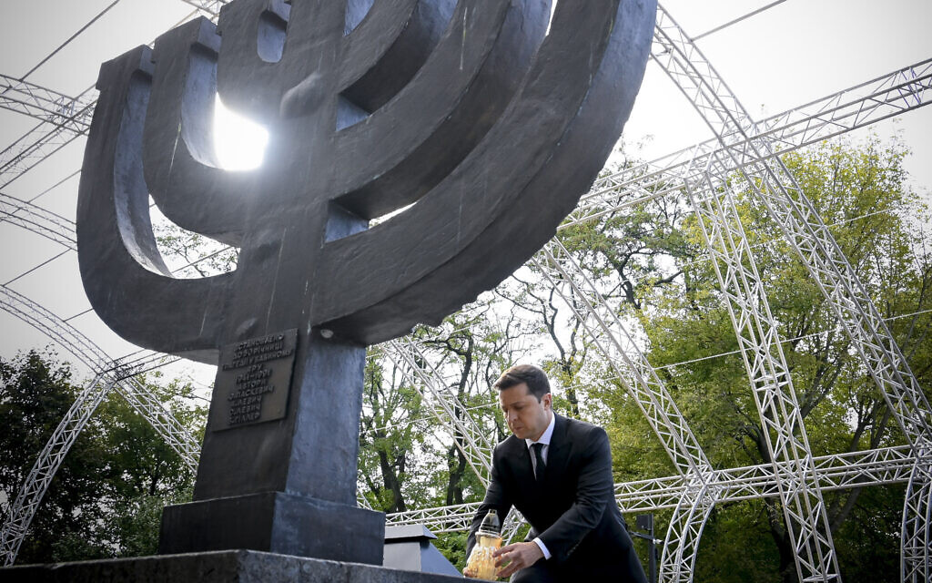 krainian President Volodymyr Zelensky attends a ceremony at the monument to Jewish victims of Nazi massacres in Ukraine’s capital Kyiv, on September 29, 2021. (Ukrainian Presidential Press Office via AP)