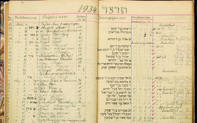 Burial society records from Miskolc, Hungary, between 1934-1942 that were saved from an August 24, 2021 auction by the National Library of Israel and the Hungarian Jewish Museum and Archives. (Courtesy Kedem Auction House)