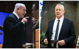 Then opposition leader Benjamin Netanyahu (L) and then-defense minister Benny Gantz (Olivier Fitoussi, Yonatan Sindel/ Flash90)