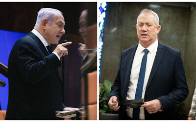 Then opposition leader Benjamin Netanyahu (L) and defense minister Benny Gantz (Olivier Fitoussi, Yonatan Sindel/ Flash90)