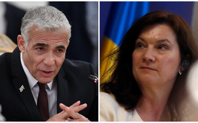 Israeli Foreign Minister Yair Lapid (left) and Sweden's foreign minister, Ann Linde, (right). (Alexander Nemenov/Pool via AP, AP/Darko Vojinovic))