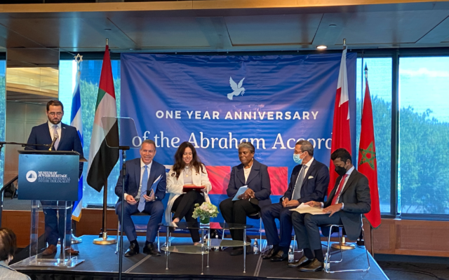 UN Ambassadors from Israel Gilad Erdan, from the UAE Lana Nusseibah, from the US Linda Thomas-Greenfield, from Morocco Omar Hilale, and from Bahrain Jamal Al Rowaiei at a New York event marking the one-year anniversary of the signing of the Abraham Accords, September 13, 2021. (Jacob Magid/ Times of Israel)