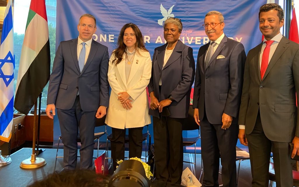 UN Ambassadors from Israel Gilad Erdan, from the UAE Lana Nusseibeh, from the US Linda Thomas-Greenfield, from Morocco Omar Hilale, and from Bahrain Jamal Al Rowaiei at a New York event marking the one-year anniversary of the signing of the Abraham Accords, September 13, 2021. (Jacob Magid/ Times of Israel)