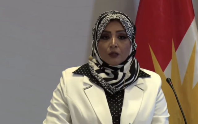 Dr. Sahar al-Ta'i, an Iraqi advocate of normalizing ties with Israel, speaks at a peace conference in Erbil, Kurdistan, on Friday, September 24, 2021. (Screenshot)